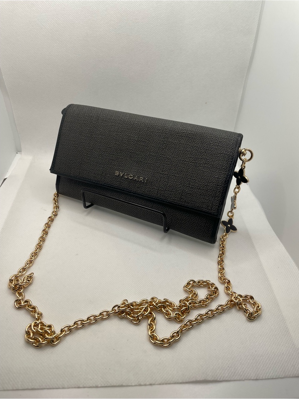 Authentic- Bulgari  Black Long wallet with Gold Chain